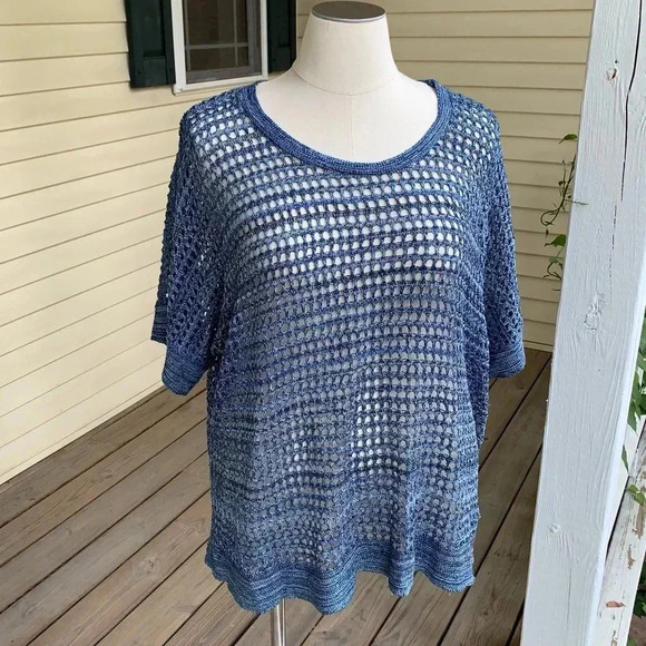 Catherines Open Knit Sweater Blue Metallic Sparkle Plus Size 3X 26W 28W Beachy - Picture 1 of 7